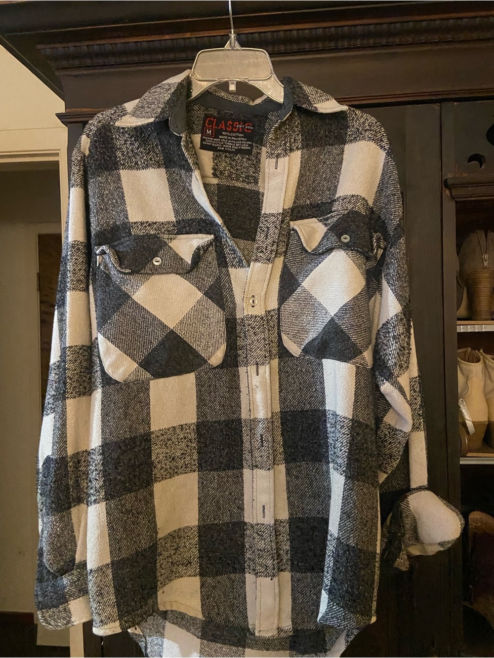 Classic Black & White Plaid Button-Down Shirt Jacket
